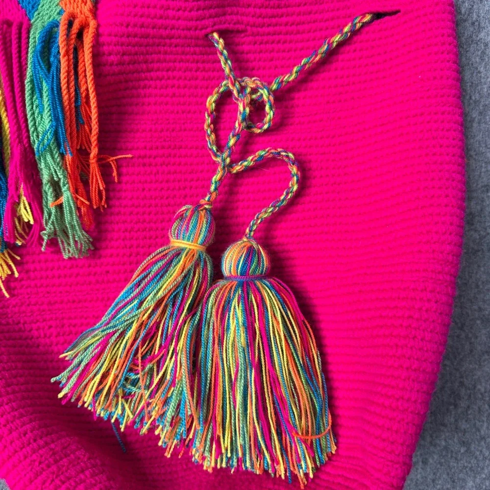 Wayuu Style Hot Pink Handmade Mochila Bag Rainbow Chevron Strap‎ Tassels Boho